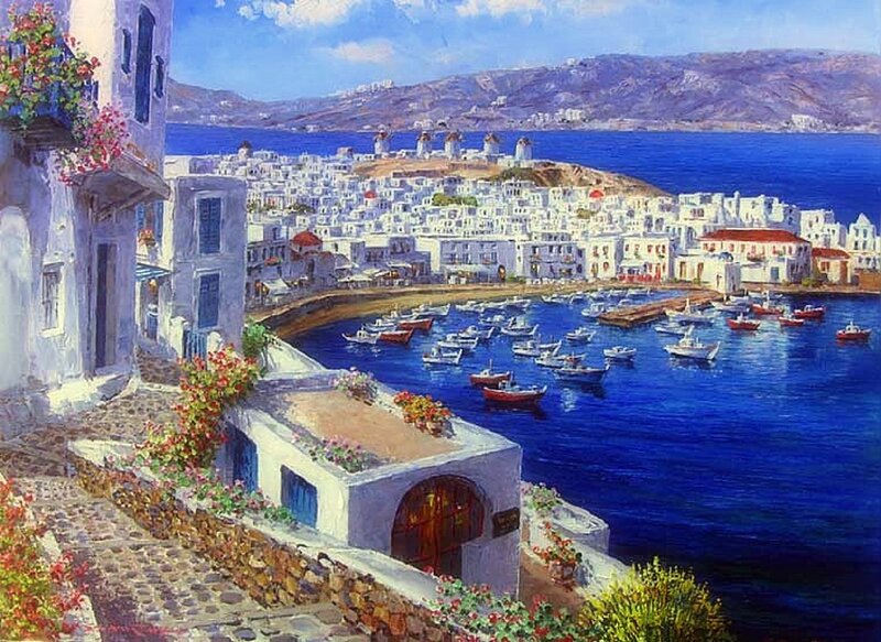 White Village on Coast — Blue, Serene