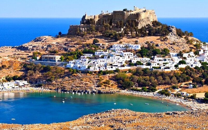 White Village on Hillside — Blue, Serene, Afternoon, Photograph, Castle