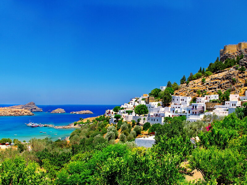White Village on Hillside — Blue, Serene