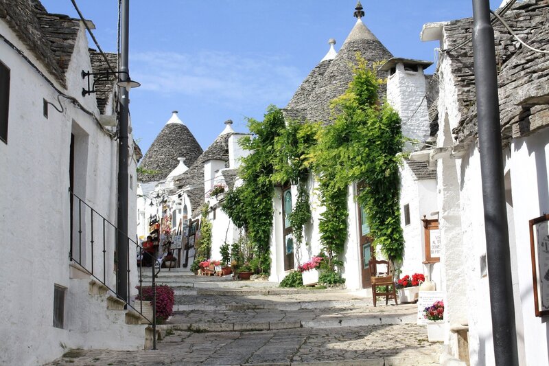 White village with cone-shaped roofs