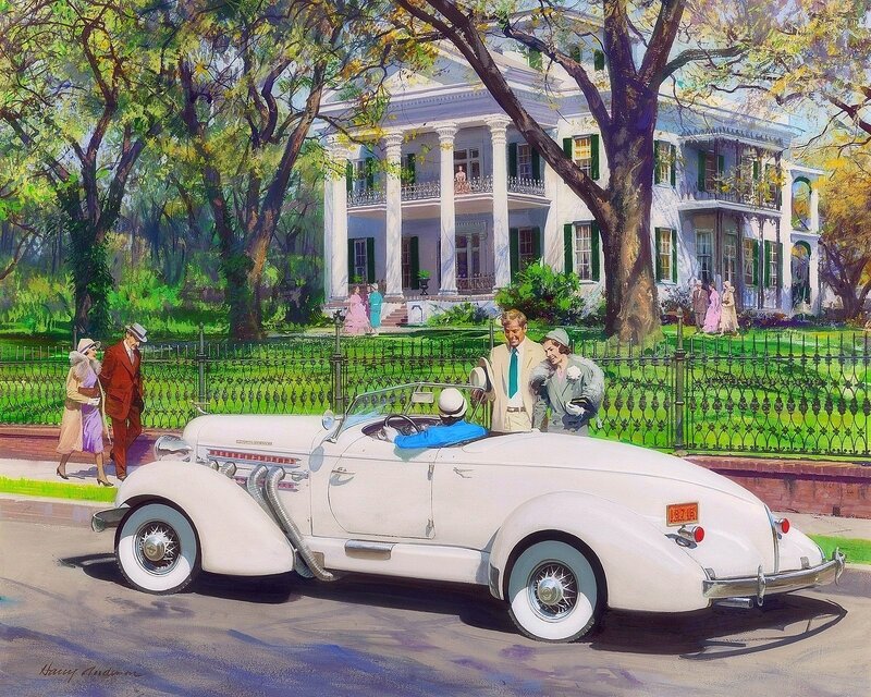 White Vintage Car — Serene, Afternoon, Painting, People