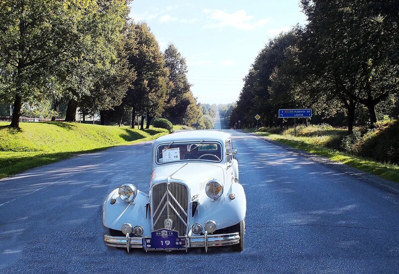 White Vintage Car — Serene, Afternoon, Photograph, Road