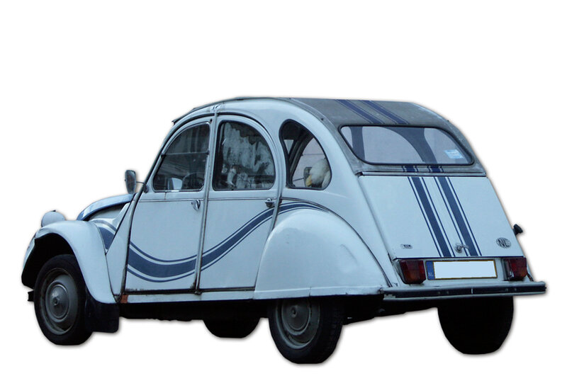 white vintage car with blue stripes