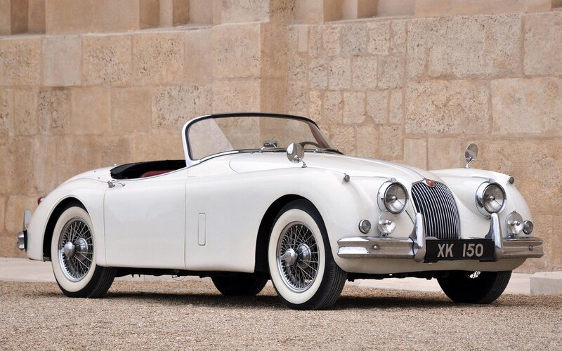 White Vintage Convertible — Calm, Afternoon, Photograph, Stone Wall