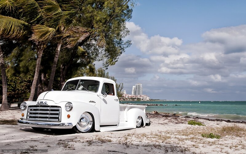 White Vintage Pickup Truck — Serene, Afternoon, Photograph, Palm Trees