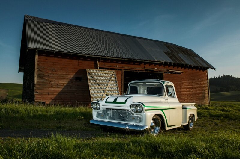 White Vintage Pickup Truck — Serene, Sunset, Photograph