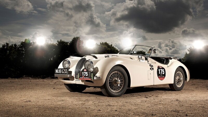 White Vintage Race Car — Dramatic, Night, Photograph, Clouds, Lights, Dirt