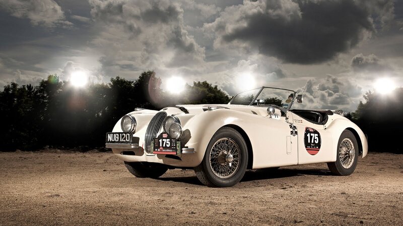 White Vintage Race Car — Dramatic, Night, Photograph