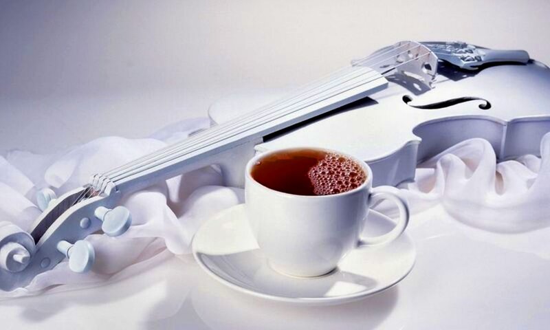 White Violin and Tea Cup — Serene, Photograph