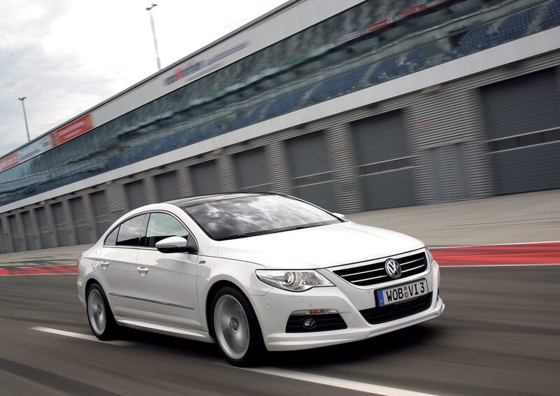 White Volkswagen CC on a racetrack