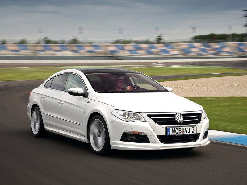 White Volkswagen CC on a racetrack