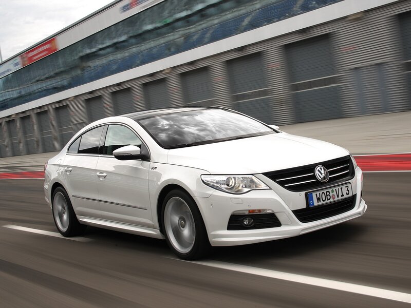 White Volkswagen CC on a racetrack