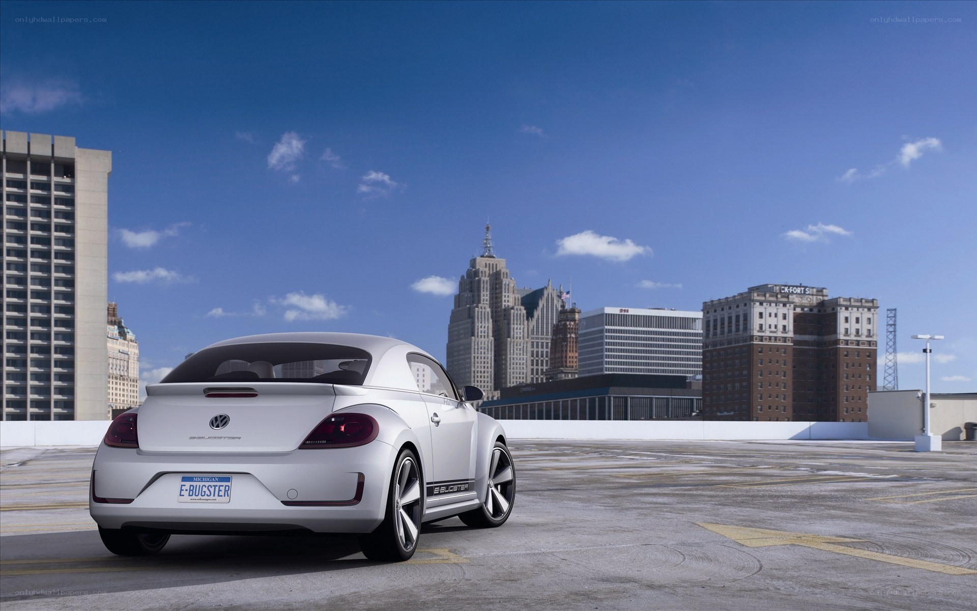 White Volkswagen E-Bugster on rooftop