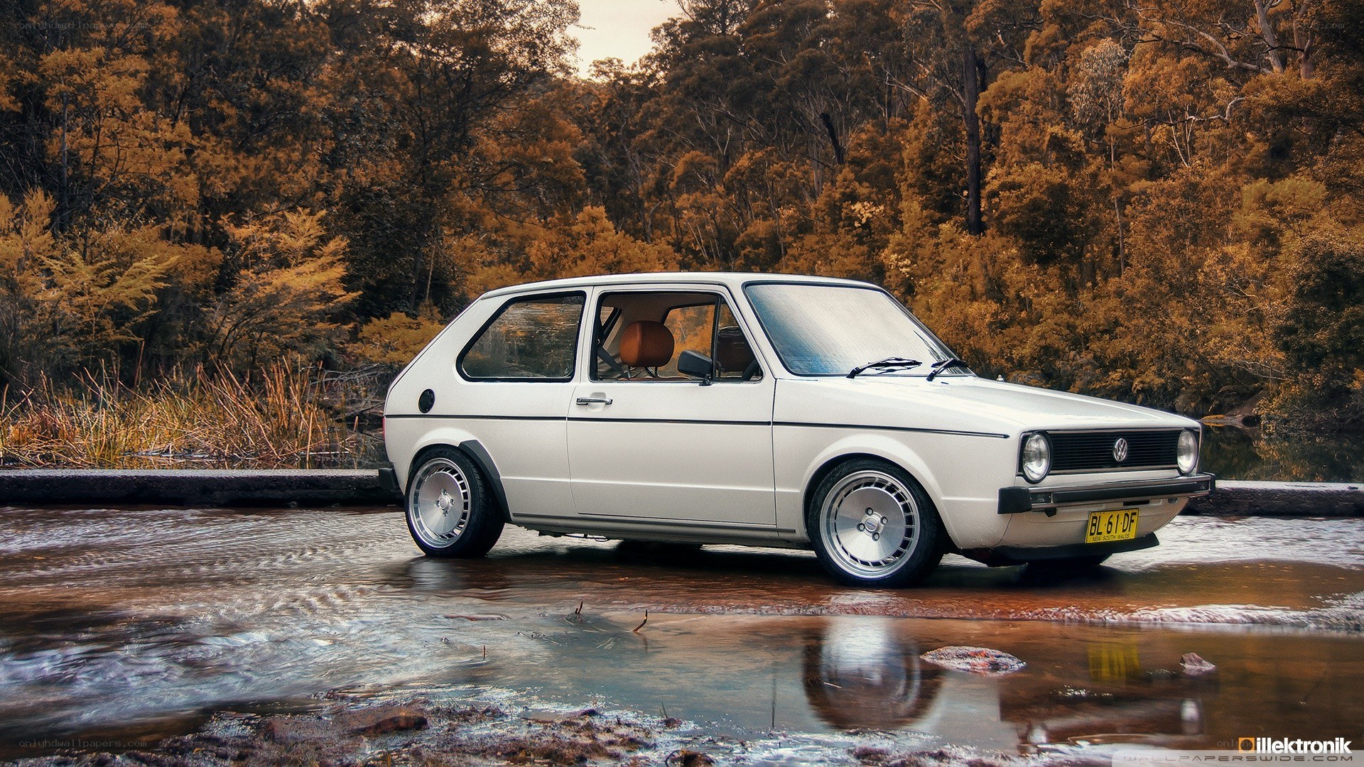White Volkswagen in a stream