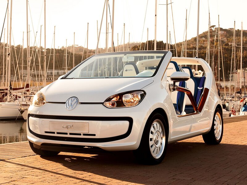White Volkswagen Up! at marina