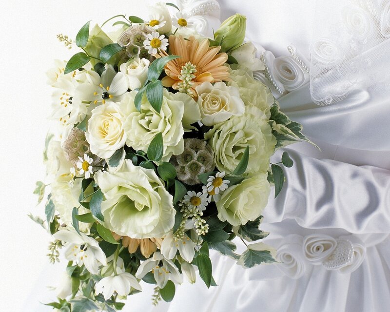 White Wedding Bouquet — Serene, Photograph, Flowers, Greenery, Silk Fabric