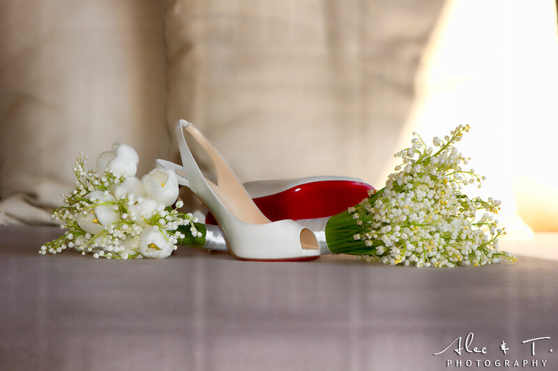 White Wedding Shoes and Flowers