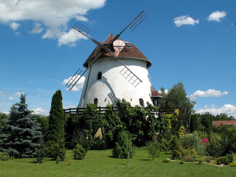 White Windmill in Garden — Blue