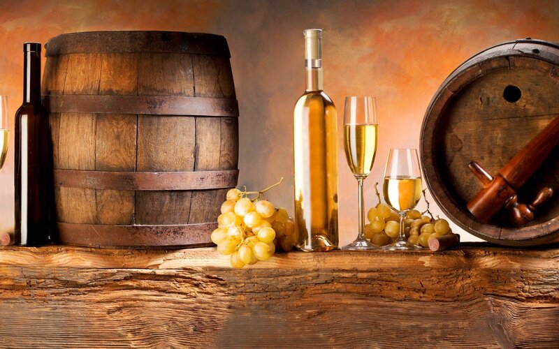 White Wine Grapes and Barrel — Brown
