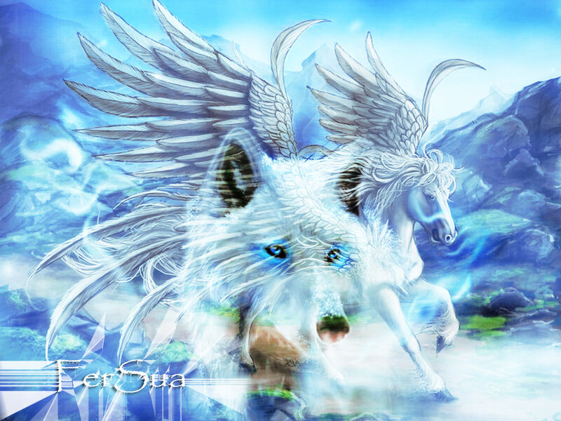 White winged horse and wolf