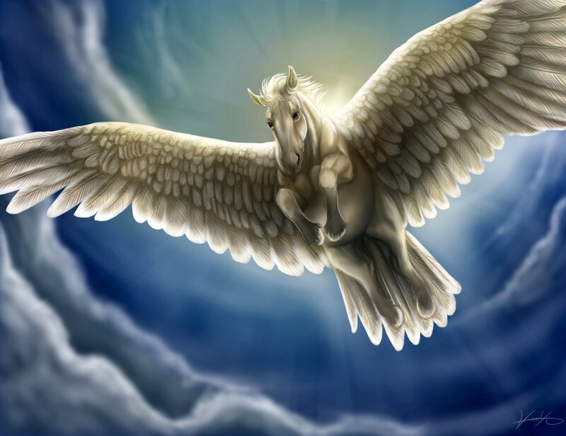 White Winged Horse — Blue, Dramatic, Digital Art, Wings