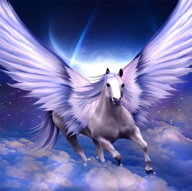 White Winged Horse — Blue, Dramatic, Night, Digital Art, Clouds