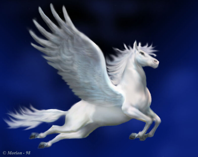 White Winged Horse — Blue, Dramatic, Night, Digital Art, Wings, Tail