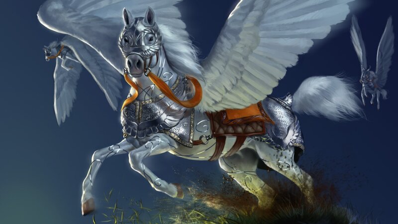 White Winged Horse — Blue, Dramatic, Night, Digital Art, Wings