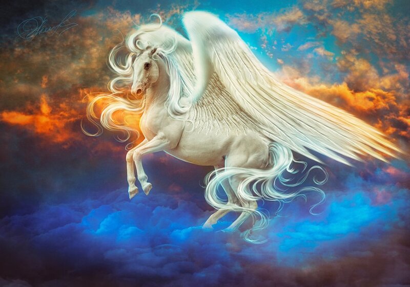 White Winged Horse — Blue, Dramatic, Sunset, Digital Art, Clouds, Sky