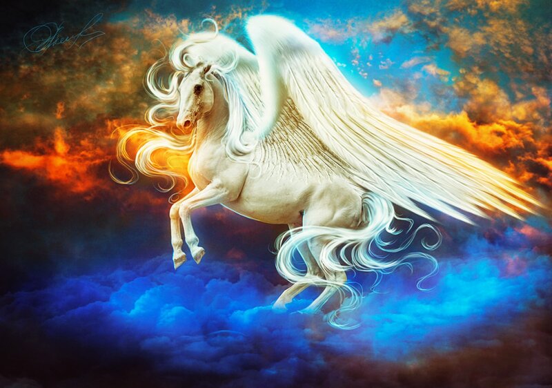 White Winged Horse — Blue, Dramatic, Sunset, Digital Art, Clouds