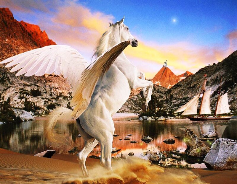 White Winged Horse — Blue, Dramatic, Sunset, Digital Art