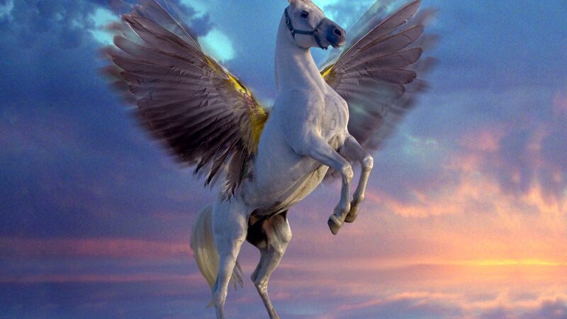 White Winged Horse — Blue, Dramatic, Sunset, Digital Art, Wings, Sky