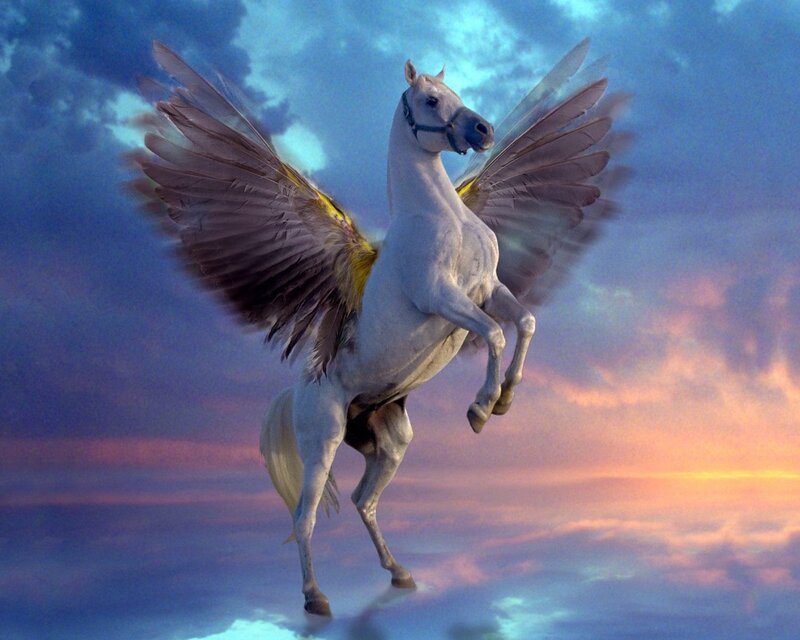 White Winged Horse — Blue, Dramatic, Sunset, Digital Art, Wings
