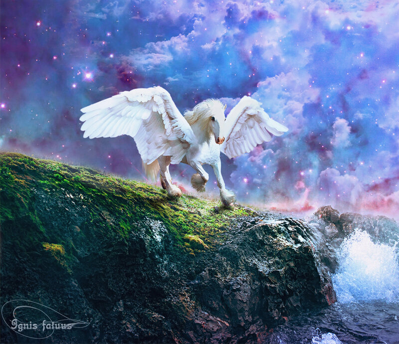 White Winged Horse — Blue, Fantasy, Night, Digital Art, Clouds