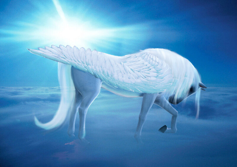 White Winged Horse — Blue, Serene, Digital Art, Wings