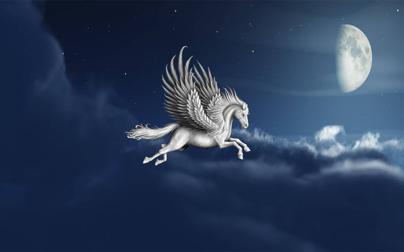 White Winged Horse — Blue, Serene, Night, Digital Art, Moon