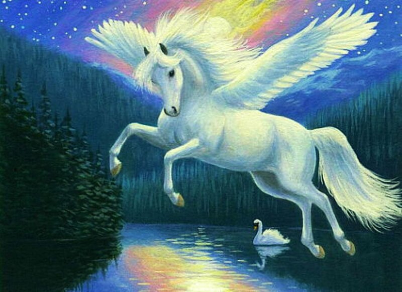 White Winged Horse — Blue, Serene, Night, Painting