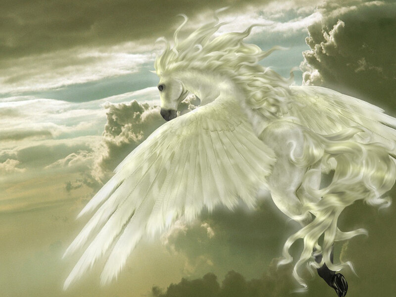 White Winged Horse — Dramatic, Digital Art, Clouds, Sky, Gray