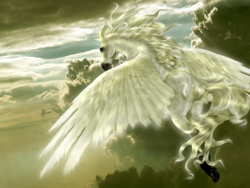 White Winged Horse — Dramatic, Digital Art, Clouds, Sky, Green, Gray
