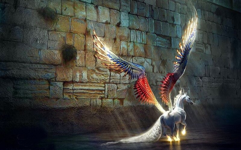 White Winged Horse — Dramatic, Night, Digital Art, Stone Wall