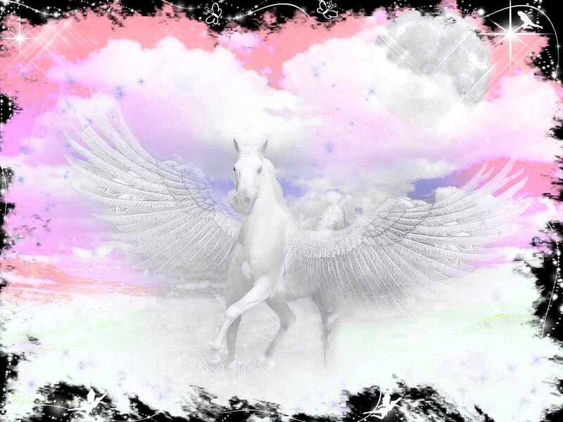 white winged horse in pink sky