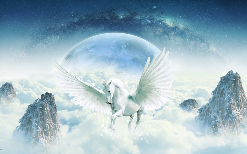 White Winged Horse — Serene, Night, Digital Art