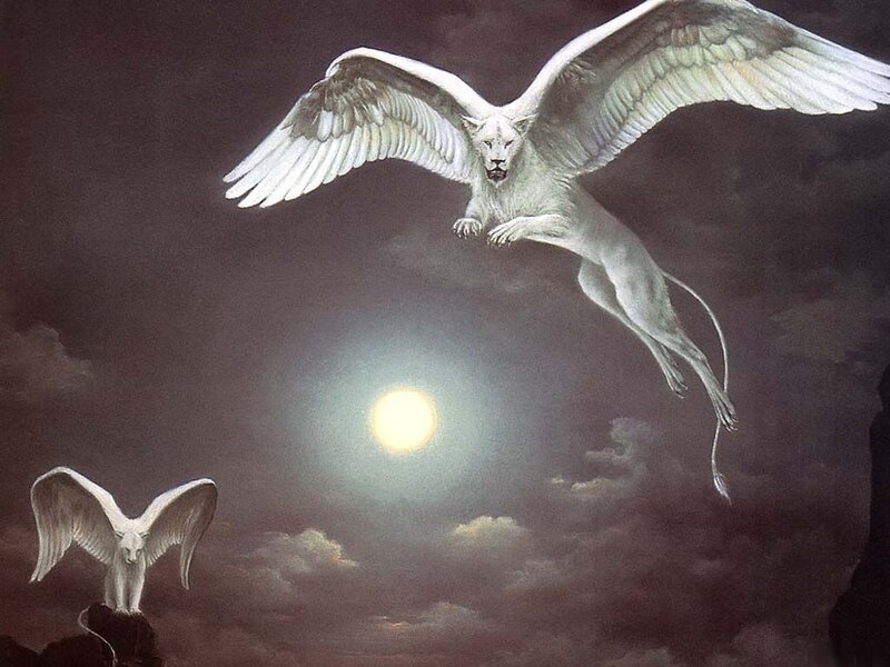 White winged lions in night sky