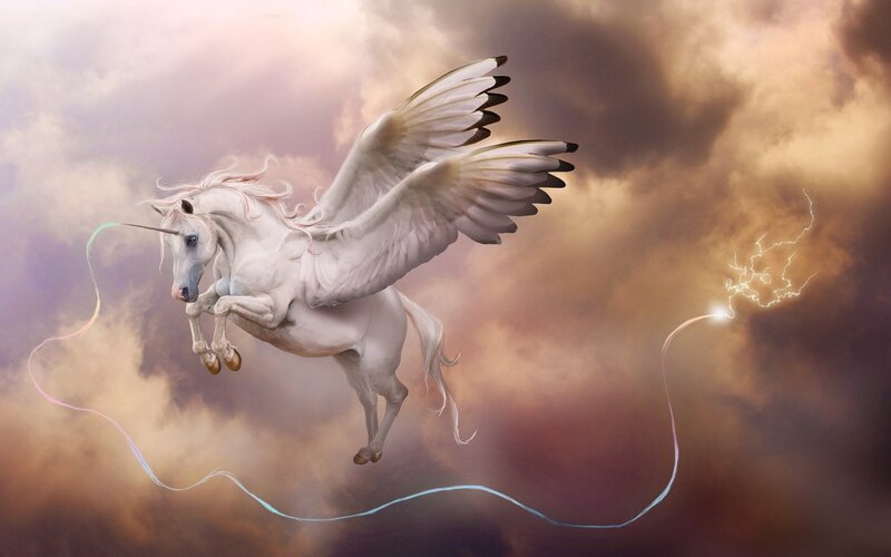 White Winged Unicorn — Dramatic, Digital Art, Clouds