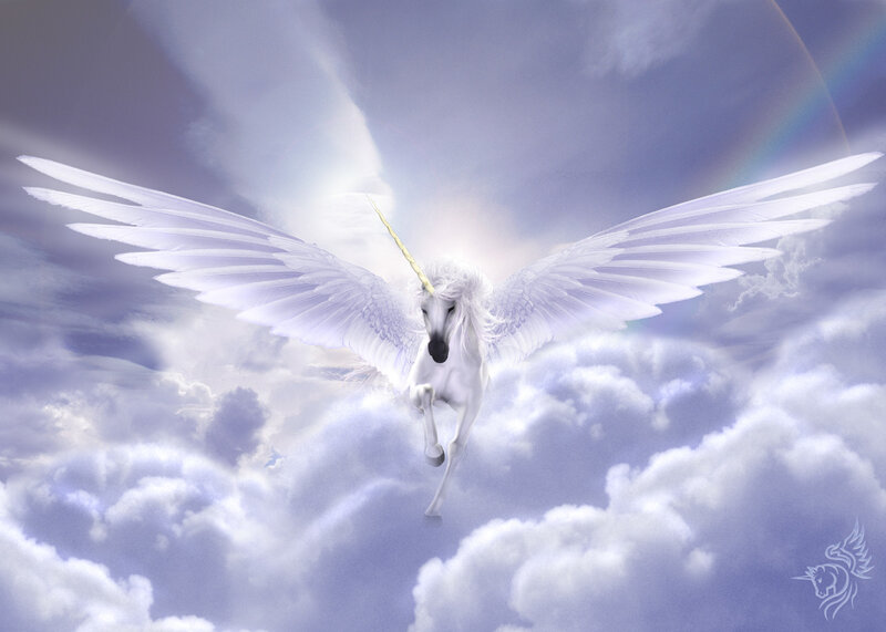 White Winged Unicorn — Serene, Digital Art, Clouds