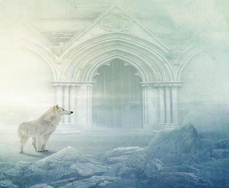 white wolf at ancient gate