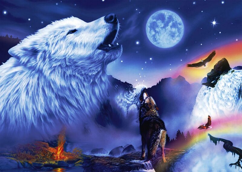 White Wolf Howling — Blue, Dramatic, Night, Digital Art, Moon