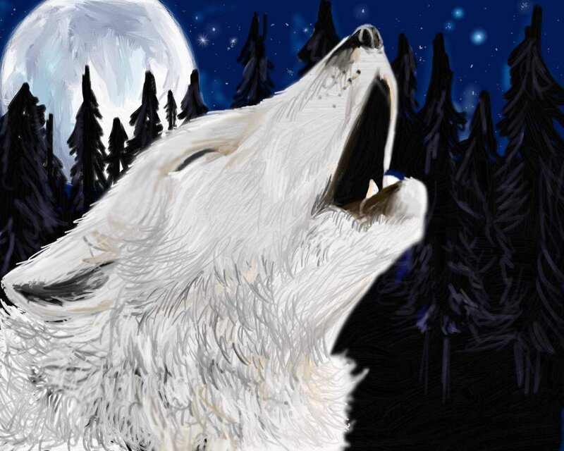 White Wolf Howling — Dramatic, Night, Digital Art, Moon, Forest