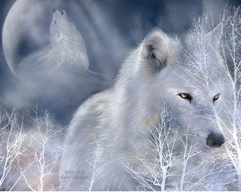 White Wolf Howling — Dramatic, Night, Digital Art, Moon, Trees