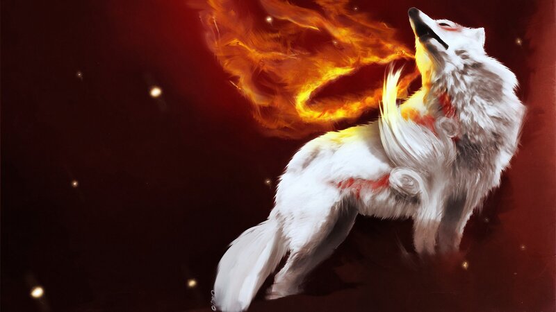 White Wolf Howling — Red, Dramatic, Night